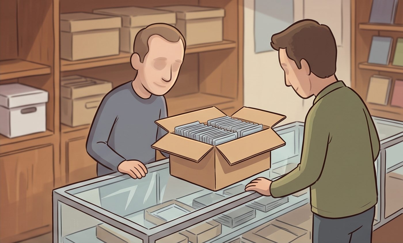 Collector discussing a collection with a local card shop owner