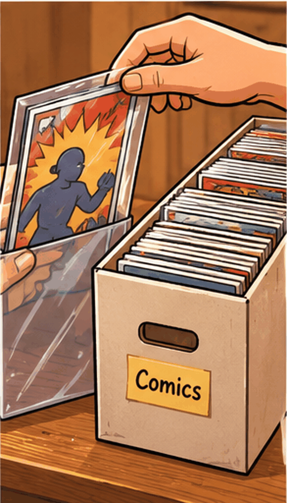Comic books in protective bags with backing boards stored upright in a long box