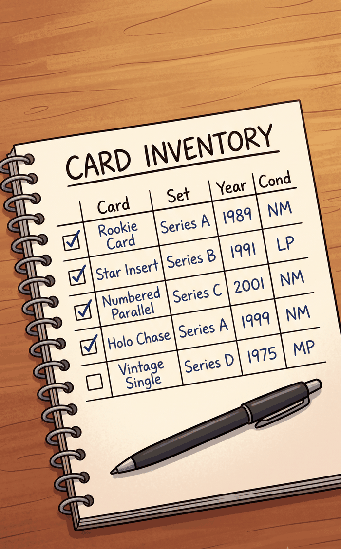 A handwritten one-page inventory list of top cards with set, year, and condition