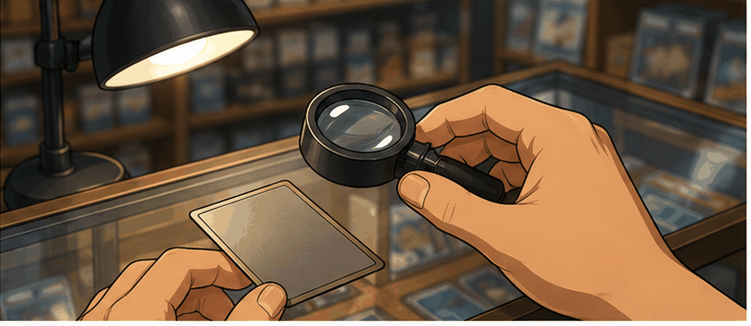 A jeweler's loupe held over a trading card on a shop counter
