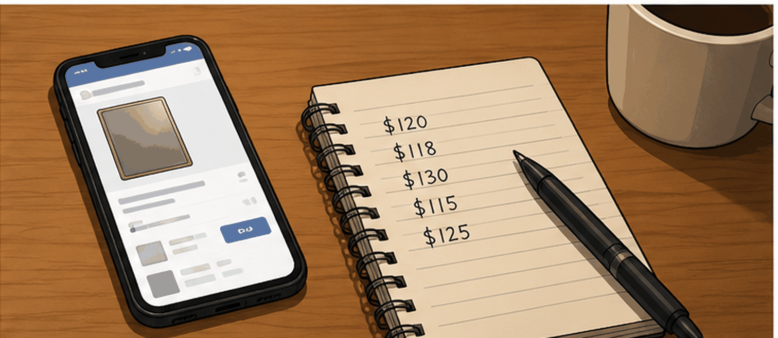 A smartphone showing a card listing beside a notepad of recent sold prices