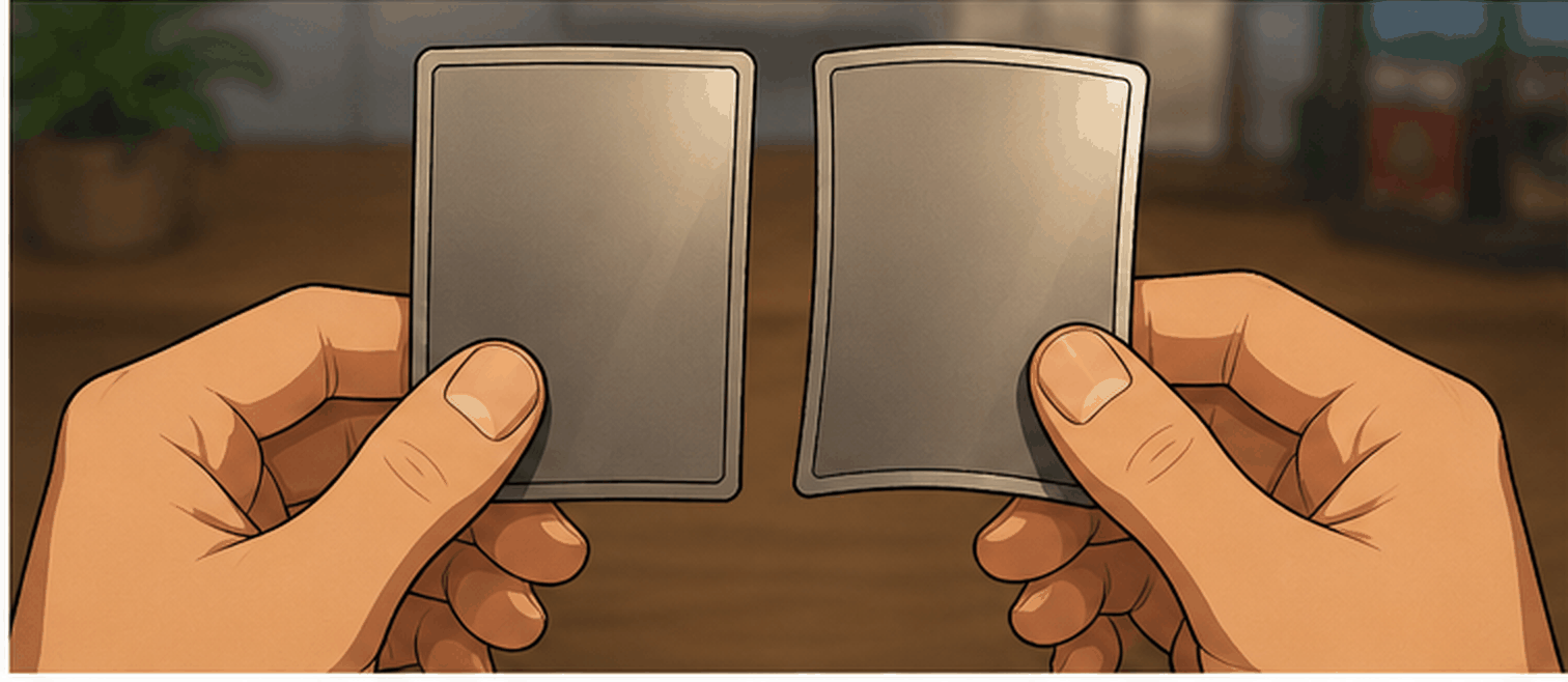 Two trading cards held side by side to compare thickness and edge quality