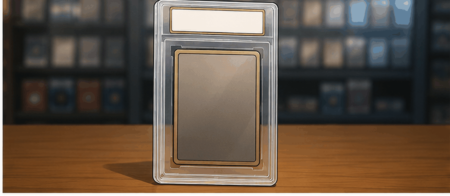 A trading card sealed in a rigid plastic holder with a certification label