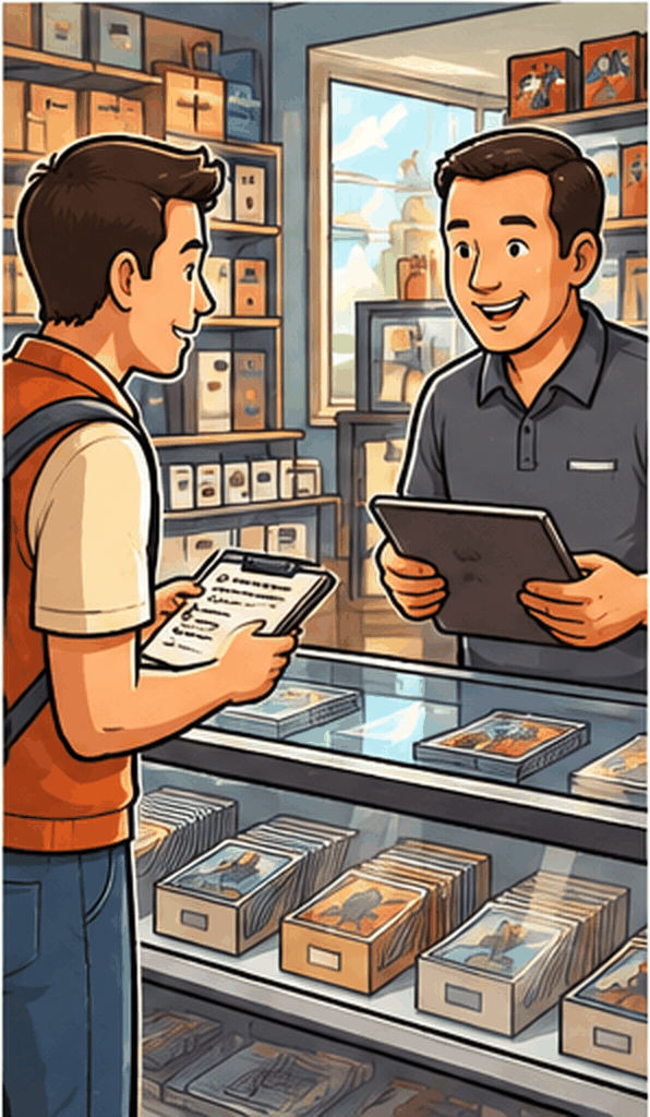 A collector and a shop owner reviewing a stack of cards across a store counter