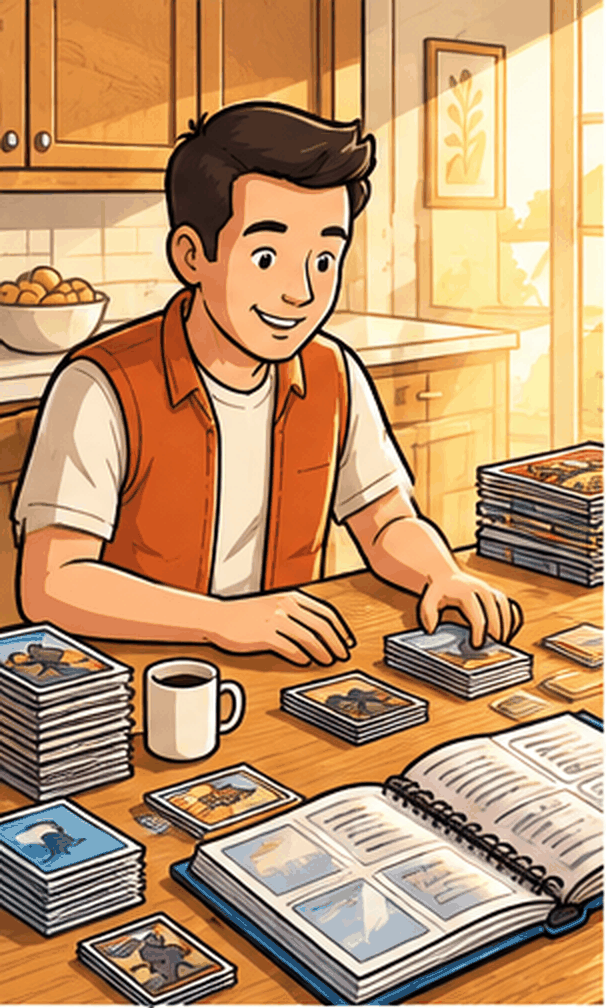 A collector sorting trading cards at a kitchen table