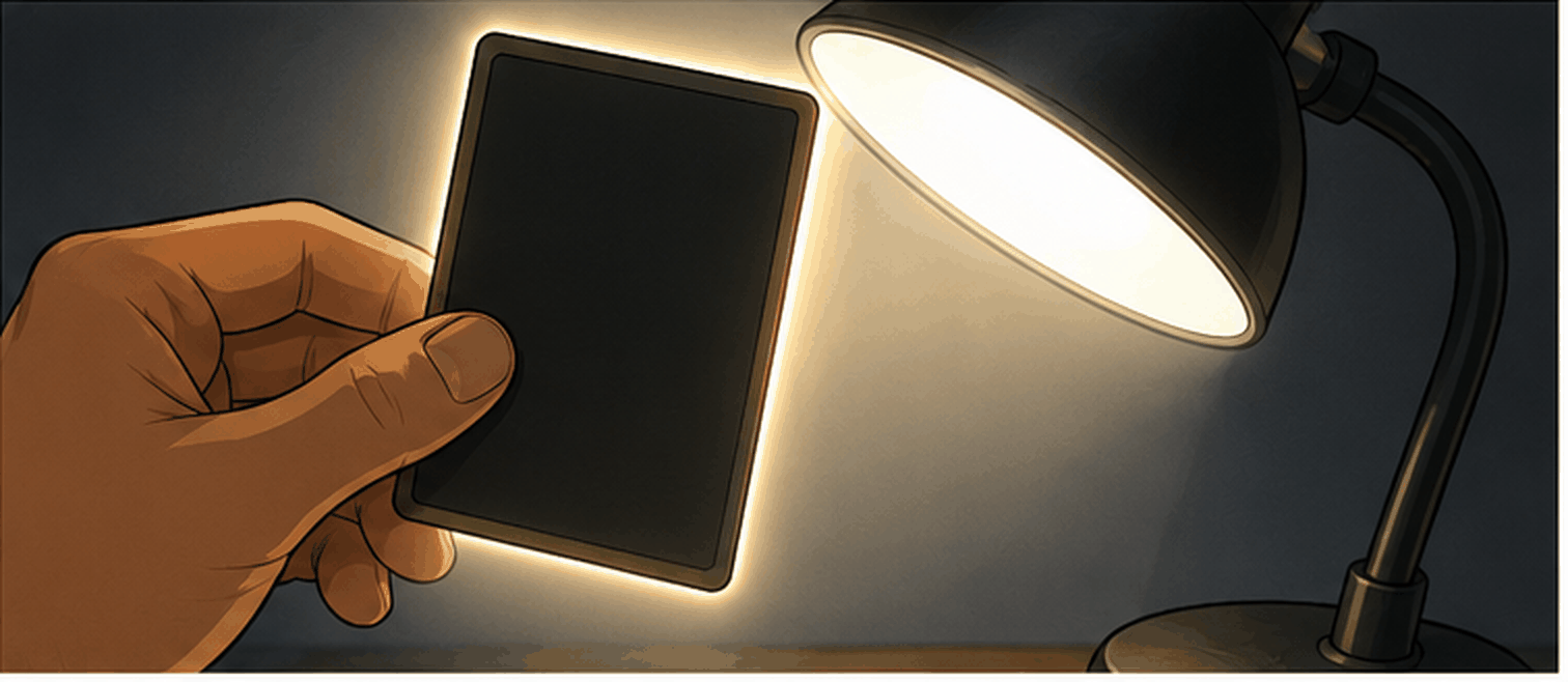 A trading card held up to a lamp with light glowing around its edges