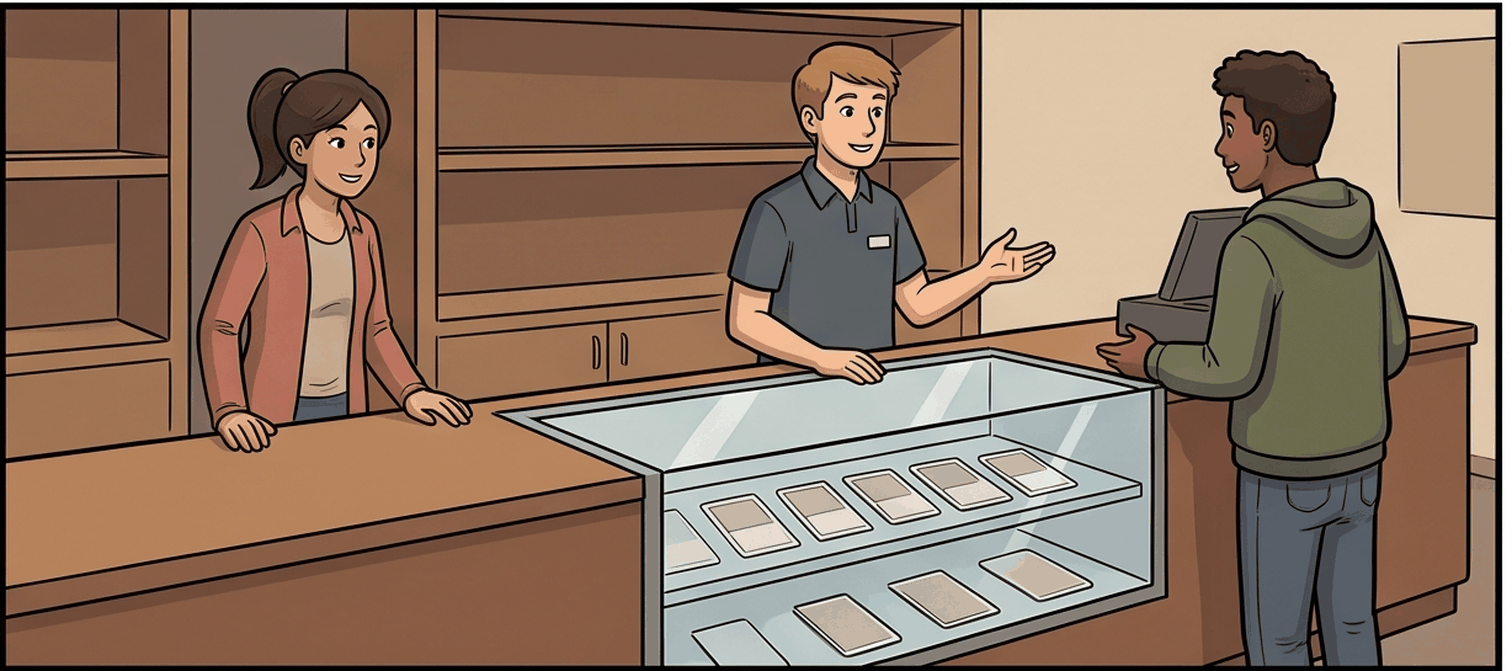 A shop staff member talking with a customer at the counter