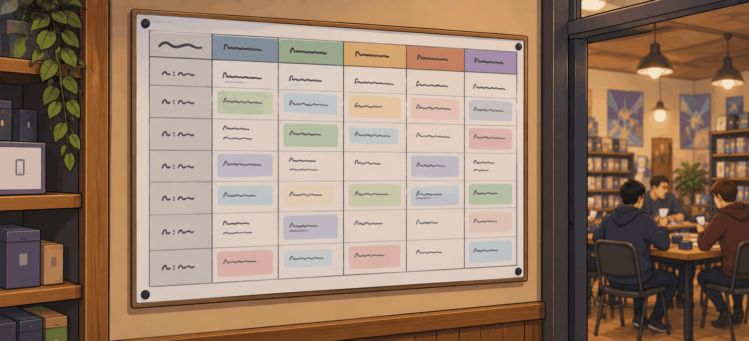 A weekly event schedule posted on a card shop wall
