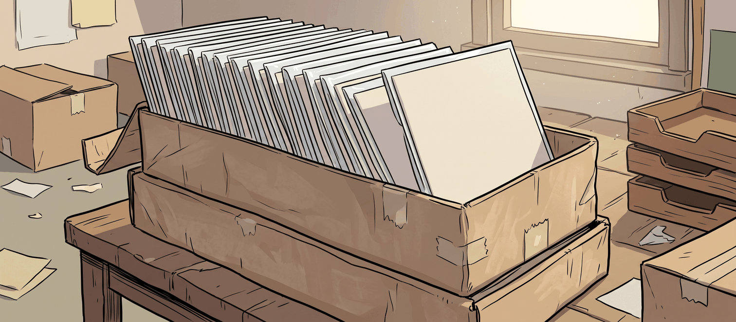 Comic books in protective bags with backing boards stored upright in a long box
