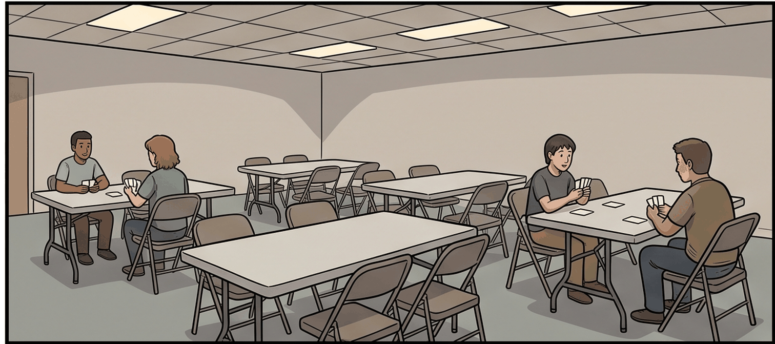 A community room set up with folding tables for card games