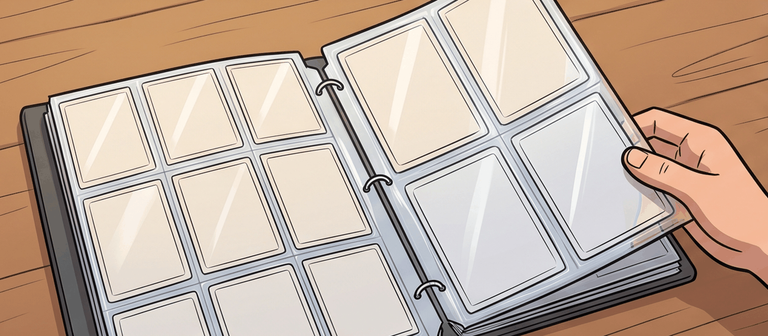 A binder page of trading cards being flipped through