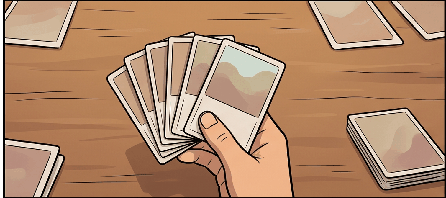 A hand holding a small stack of blank trading cards at a table